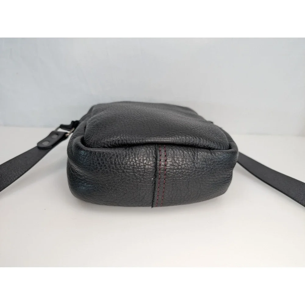 Full Grain Leather Crossbody Bag Purse Black Red Contrast Stitching Messenger